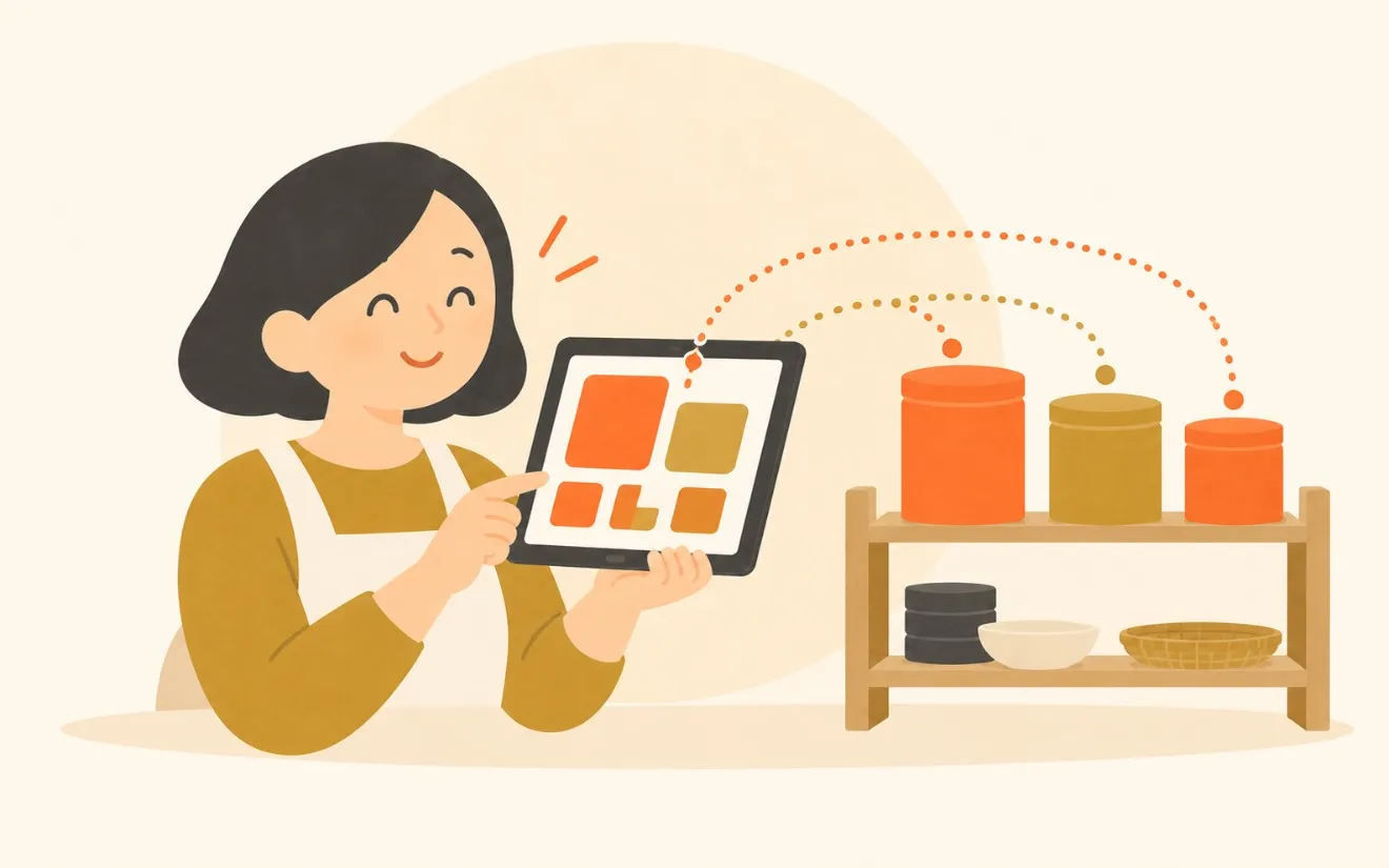 店主がタブレットのアプリを操作し、棚の茶筒の在庫とつながっている挿絵