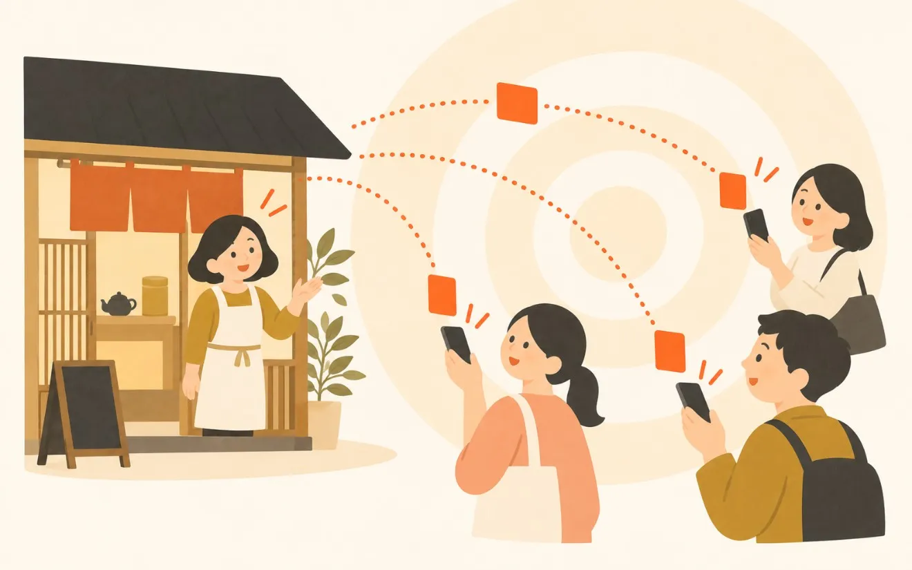 お店の話題が、スマートフォンを持つ人たちへ届いていく挿絵