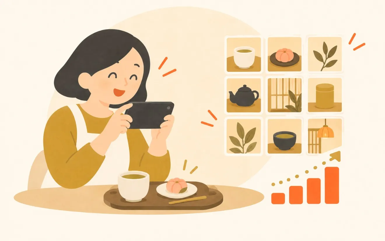 店主がスマートフォンで撮影し、投稿の写真と伸びていくグラフが並ぶ挿絵