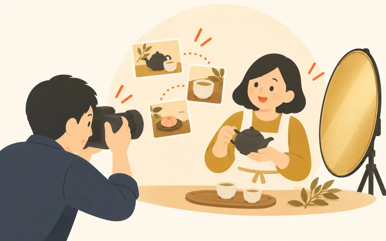 カメラマンが、お茶をいれる店主を撮影している挿絵