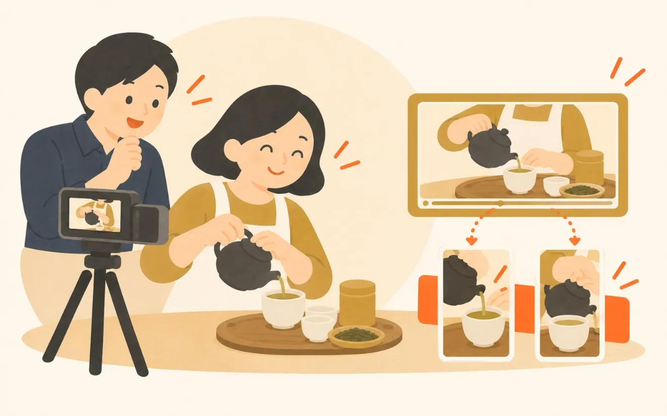 三脚のカメラで、お茶をいれる様子を動画に撮っている挿絵