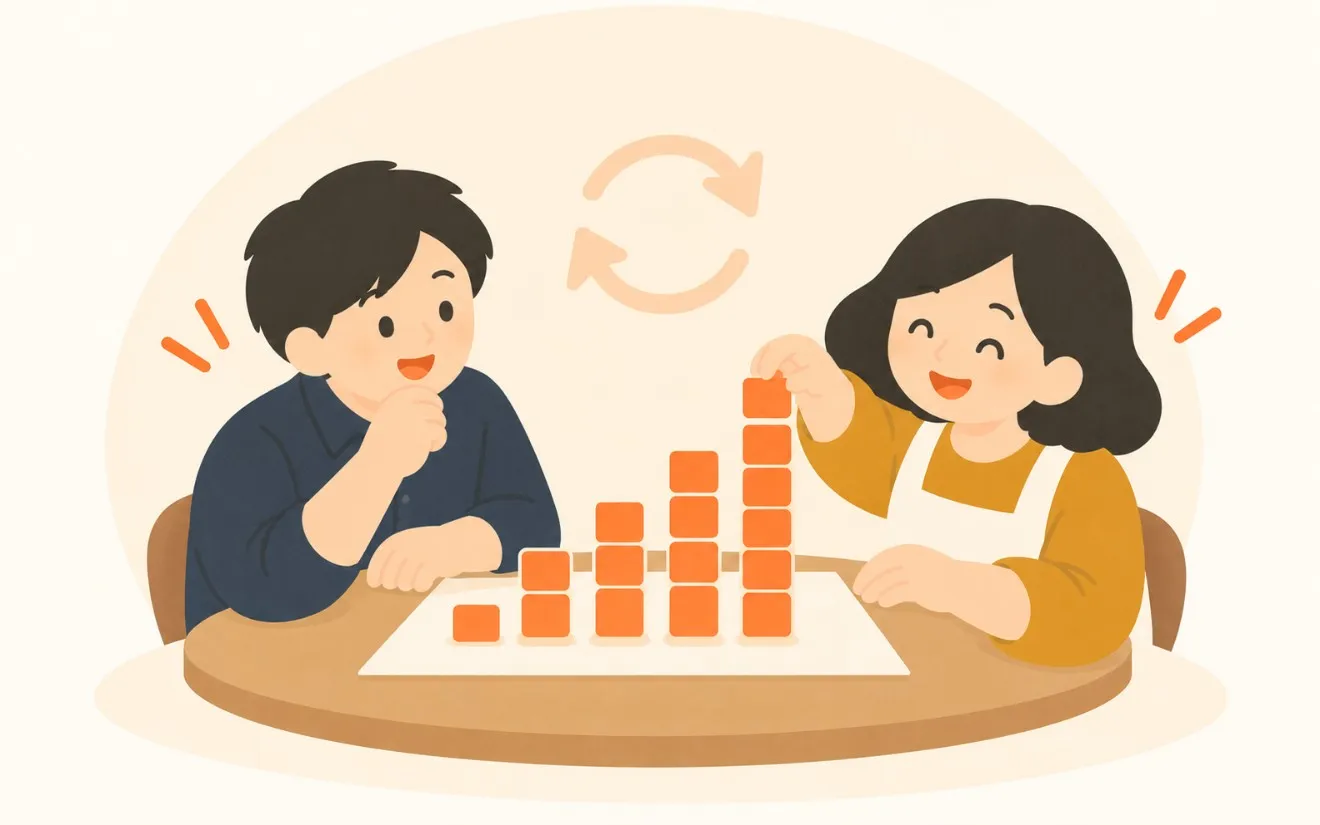 2人が、積み上がるグラフを前に振り返っている挿絵