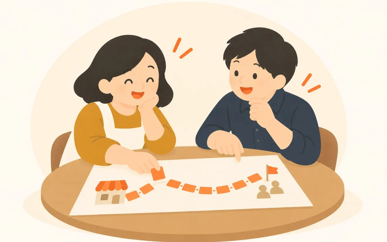 2人が、道のりを描いた地図を囲んで戦略を話し合っている挿絵