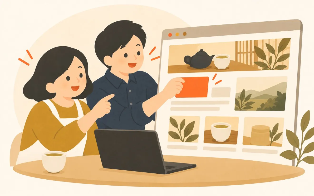 店主と担当者が、ホームページの画面を一緒に確認している挿絵